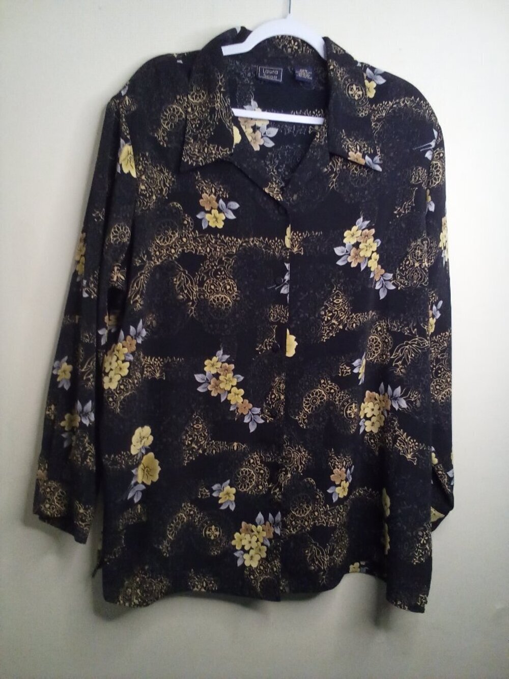 Laura Scott Blouse Women 22W Button Up Long Sleeve Floral Pattern Black